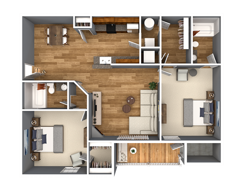 A detailed 3D floor plan of a house showing all rooms and furniture layout.